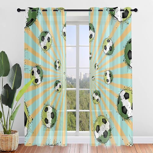Highdi Voile Vorhänge mit Ösen 2er Set, Transparente Gardinen für Wohnzimmer Ösenschal Halbtransparent Ösenvorhang für Schlafzimmer Moderne Übergardinen Ösen (Fußball 9,214x160cm)