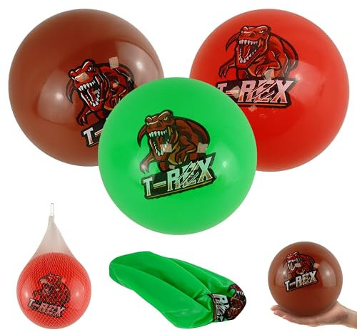 HOVUK 3x Inflatable Dinosaur Beach Balls, Green, Red & Brown Designs, 66cm PVC Water Play Balls, Smooth Burr-Free Surface, Durable Poolside Play Balls for Kids, Summer Beach & Pool Fun