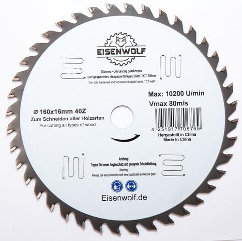 Eisenwolf Lama per sega circolare 160 x 16 mm completamente temprata e tesa, durevole e resistente, per legno, con 40 denti TCT inclinati e tagli laser per ridurre il rumore
