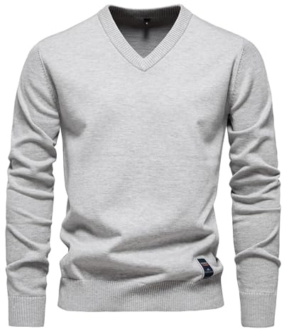 Jersey de punto para hombre, cuello de pico, algodón, elegante, de punto fino, manga larga, camiseta básica, ajustada, elástica, para otoño e invierno
