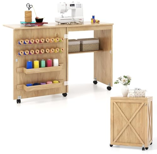 COSTWAY 2 in 1 Nähschrank & Schreibtisch klappbar, Nähtisch Mehrzweck-Bastelstation mit Ablagefläche, 2 Tabletts,18 Klammern, Scheunentür & 5 feststellbaren Rollen für kleine Räume (braun)