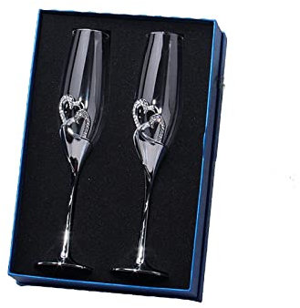 Flute da champagne per tostatura di matrimonio, in cristallo, con cuori argentati, 26 x 6,5 cm
