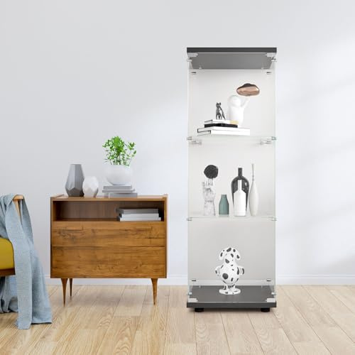 FOERPL Showcase, glasskyltfönster, glasskyltfönster för samling med dörr, glasmonter i 3 lager skåp, skåp, vitrinskåp, skåp, vardagsrum, bar (3 våningar, svart)