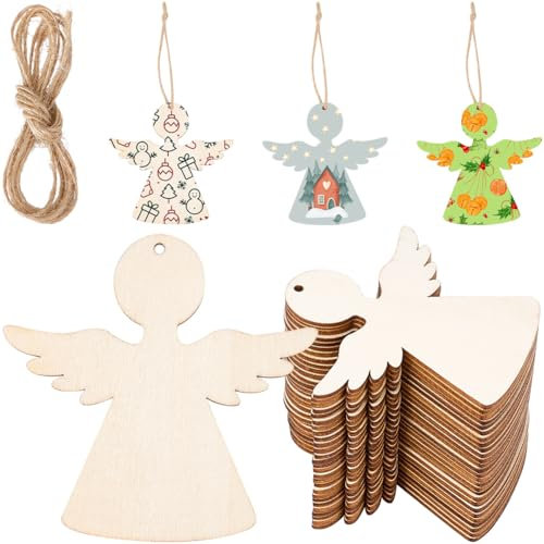 SUNNYCLUE 3 lot de 30 décorations en Bois D'Ange Découpes de Noël en Bois Brut avec Cordon de Jute Ailes de Fée Vierges Suspendues Pièces en Bois Artisanales Étiquettes pour Décorations D'Arbre de Noë