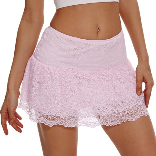 Eisnnu Mini Jupe en Dentelle pour Femmes Y2K Elastic Waist Layered Ruffled A Line Short Skirt for Out Streetwear,Club, Party (FR/ES, Alpha/Lettres, S, Taille Normale, Taille Normale, Rose)
