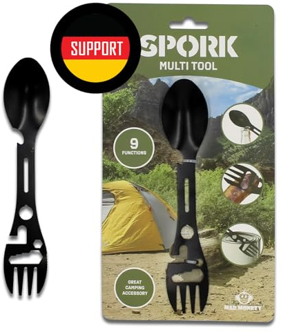Spork Göffel Edelstahl - 9in1 Wohnmobil Gadgets - Vielseitiges Camping Multitool - Göffel Outdoor - Gabel, Löffel, Messer, Flaschenöffner, Dosenöffner, Schraubenschlüssel und mehr!