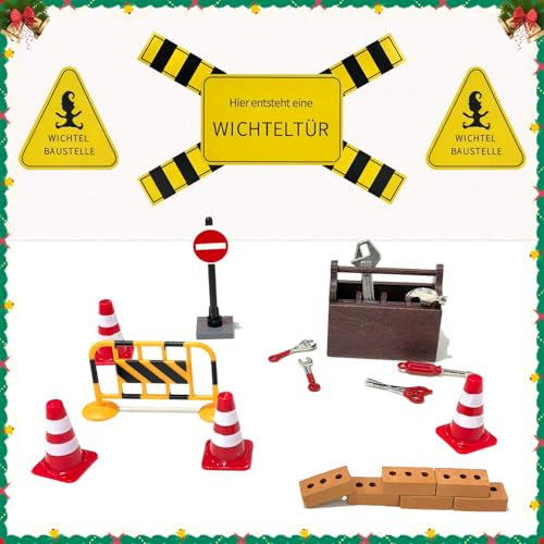 Wichtel Zubehör Baustelle, 21Pcs Wichtel Baustelle Set,Miniatur Wichtelzubehör Baustelle Set für Wichteltür Weihnachten Deko und 1/12 Puppenhaus,DIY wichtel Baustelle Einzug,Miniatur Wichtel Zubehör