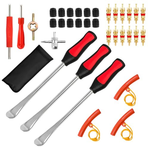 Golgner Set di 35 leve per pneumatici, levetta per pneumatici, utensili per leva di montaggio, cucchiaio, con protezioni per cerchione, tappi per valvole pneumatici, set di attrezzi, per moto e auto