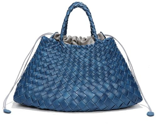 Rejolly Korbtasche für Damen, gewebtes Leder, Tragegriff oben, Handtasche, Sommer, Urlaub, schick, Strand, Geldbörse mit Kordelzug, Antikblau
