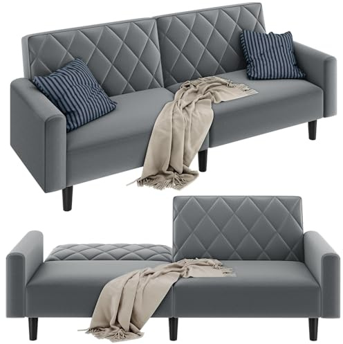 Yaheetech Velvet Sofa with Adjustable Backrest, Convertible Upholstered Loveseat with Sturdy Frame, Folding Couch for Living Room, Apartment, Home Office, Dark Grey