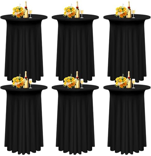 Pesonlook 6er Set Spandex Cocktail Tischdecke mit Röcken 80 x 110 cm, Schwarze Stretch Cocktail Tischabdeckung für hohen Tisch, Runde Tischcover für Bar, Hochzeit, Cocktailparty, Bankett
