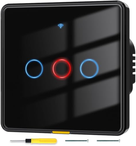 Acmerota Interruptor táctil WiFi negro, interruptores de luz inteligentes de 3 gangs compatibles con Alexa y Google Home Interruptor de control remoto sin Internet (tienen cableado neutro+sin neutro)
