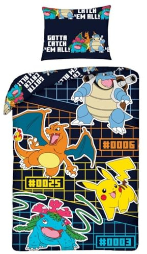 Pokémon Parure de Lit Réversible - Housse de Couette 140x200 cm avec Taie d'oreiller - Certification Oeko-Tex Standard 100 - Design Pikachu, Dracaufeu, Tortank & Florizarre - 100% Polyester