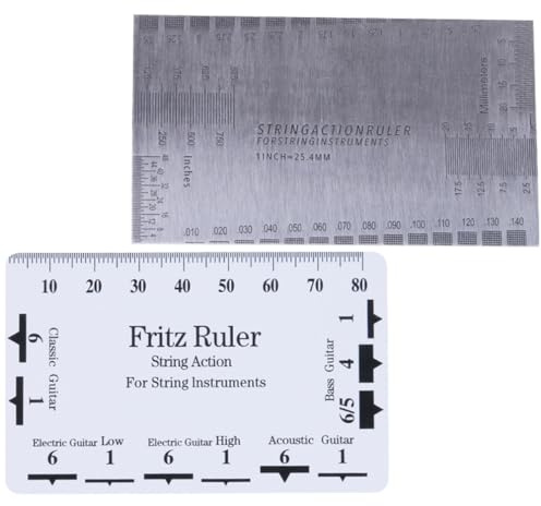 2 Stück Saitenlagelehre für Gitarren aus Edelstahl und Kunststoff | Saitenaktionslineal für E-gitarre und Bass, Messkarte für Zuhause und Bühne, Leicht zu Nutzen
