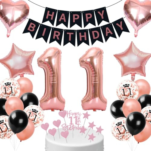 Cadimus Décoration Anniversaire 11 ans Fille,Or Rose Noir Ballons 11 ans,HAPPY BIRTHDAY Bannière,Décoration de Ballons pour 11e,Ballon Anniversaire 11 Garçons et Filles
