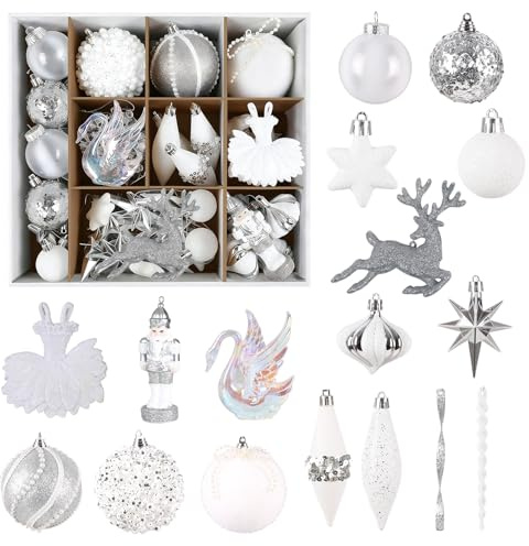 SHareconn 80ct Christmas Tree Balls Ornaments, Snow Fairyland Series Gift Box, Shatterproof Plastic Decorative Baubles for Xmas Decor Holiday Wedding Party Decoration with Hanging Hooks,Silver & White