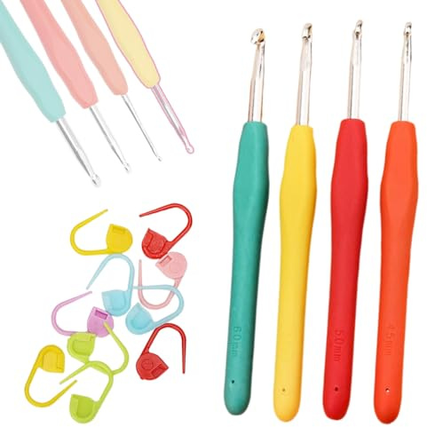 HABNI 4 Pcs Uncinetti Ergonomici In Metallo Con Manico In Silicone Colorato 14Cm Extra Lungo Per Principianti E Amanti Dell'Uncinetto 2.5/3.5/4.5/5.5Mm Con 10 Ganci Di Posizionamento