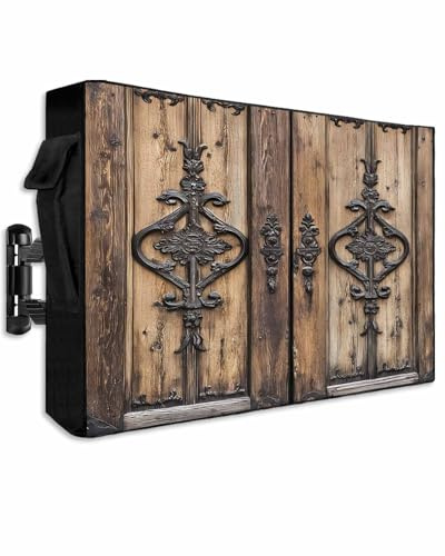 Wooden Plank Outdoor TV Cover 70-75 Inch Waterproof & Weatherproof with Roll Up Front Flat, Rustic Farmhouse Brown Black Barn Door Outside Zipper TV Screen Protector Enclosure Remote Control Pocket