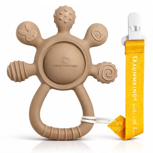 Traummkind Beißring Baby mit Rassel & Clip – Baby Zahnungshilfe aus BPA-freiem Silikon ab 3 Monate – Greifling & sensorisches Beißspielzeug, Babyrassel, Geschenk zur Geburt (Caramel)