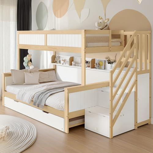 Cayipng Cama de los niños, Litera de Madera con protección contra caídas y barandilla, 3 Posiciones de Cama diseñado, con Cama Nido, Armario, Escalera de Esquina.