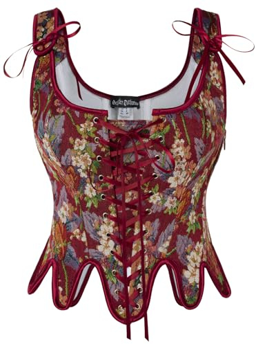 Scarlet darkness kvinnor renässans korsett fyrkantig hals korsett topp snörning blommig cosplay pirat bustier, Röd blommig, 44