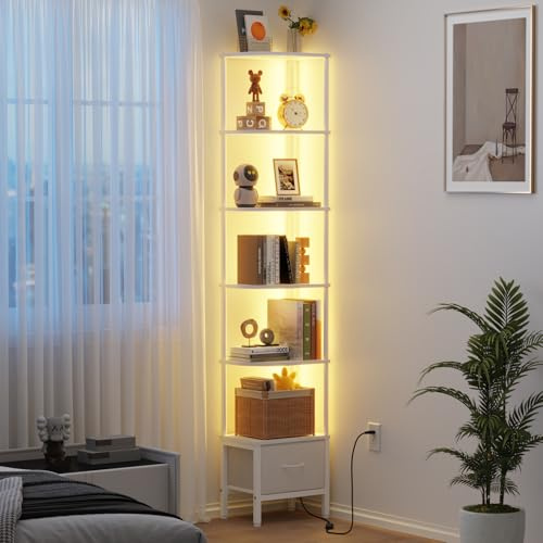 OYRREU Corner Shelf with Fabric Drawer and LED Light, 6 Tier Narrow Bookshelf, Bookcase for Living Room Bedroom, Tall Narrow Shelving Unit, White