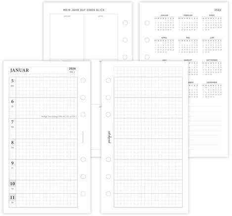 pen & pages® Kalender 2026 Kariert Familienkalender 1 Woche auf 2 Seiten Personal 9,5 x 17,1 cm Kalendereinlage für Ringbuch mit DACH Feiertagen Jahresübersicht 6 fach Lochung