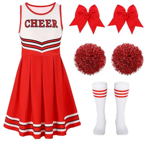 LEACOOLKEY Costume da Cheerleader per Ragazze Costume di Halloween Uniforme da Cheerleading Set per Travestimenti Feste Compleanno