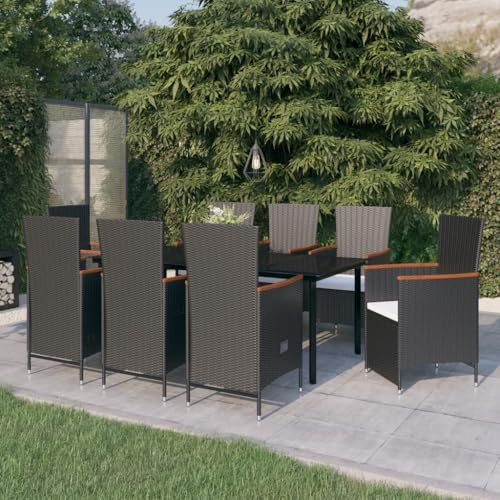 9-TLG. Gruppo da giardino nero con cuscino, sedie regolabili e piano in vetro, robusto rattan PE per terrazza, balcone ed esterno