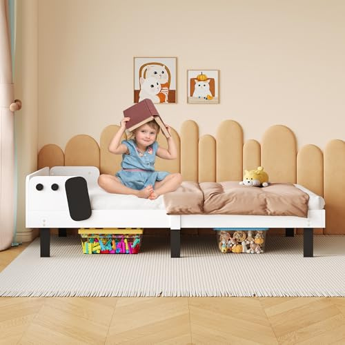 DAHUEN Einzelbett Kinderbett 90x200cm, Bett für Kinder 2-4 Jahre mit Lattenrost, Bettgestell mit Welpenmotiv aus Massivholz, Bett Weiß für Jungen und Mädchen, Weiß mit Schwarz (Weiß, Einzel)