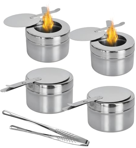 Alyxen 4 stycken fondue-brännare i rostfritt stål med pincetttång, spritbrännare varmhållningsbehållare med lock, spritusbrännare för chafing dish, behållare för brännpasta med matpincett rostfritt