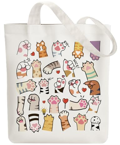 ANATTASOUL Bolsa de Tela Impresa Patita De Gato Linda, Tote Bag Tela Mujer,Shopper Algodón 38 * 40cm, Beige Bolsa de Transporte para Mujer, Saco Tote Bag de Lona Regalo
