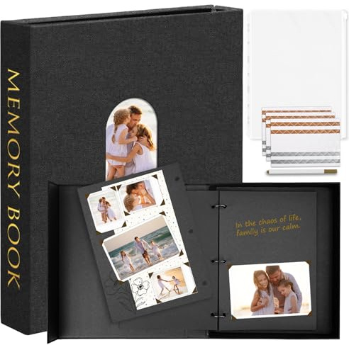 Hiwhy Fotobuch zum Selbstgestalten 21 x 28 cm, Leinen Scrapbook Fotoalbum mit 100 Schwarzen Seiten, Erinnerungsbuch Gästebuch für Jahrestag Geburtstag Hochzeit, Schwarz