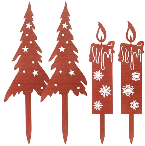 Yooyan 4 Stück Rost Gartenstecker Weihnachtsbäume Kerzen Weihnachten Deko, Dekorative Gartenpfähle aus Metall, Weihnachten in Rostoptik weihnachtsdeko, für Gartendeko, die Herbst Winter Saison Deko