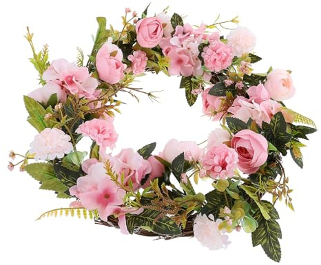 FIXOSHEE Künstlicher Blumenkranz mit Lichterkette 40cm Sommerlicher Türkranz aus Realistischen Kunstblumen Eukalyptus und Champagnerfarben Dekoration für Hochzeit Garten und Festlichkeiten