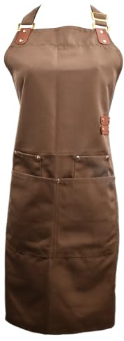 Unisex Long Apron, Chef Apron with Adjustable Neck Strap, Waterproof Canvas Work AproN, Waiter Waitress APron with 4 Pockets, Cooking Kitchen Apro/n, Women Men Apro/n for Home Restaurant Cafes (Brown)