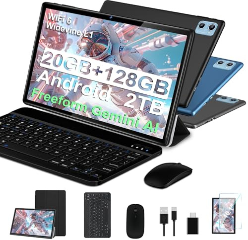 2026 Tablet Android Octa Core da 10 pollici con 20 GB RAM + 128 GB ROM (2 TB TF) | 5G + 2.4G WiFi | FHD | GMS | Bluetooth 5.0 | 8 MP + 5 MP | Tipo C, Tablet Touch con custodia, tastiera e mouse - Nero