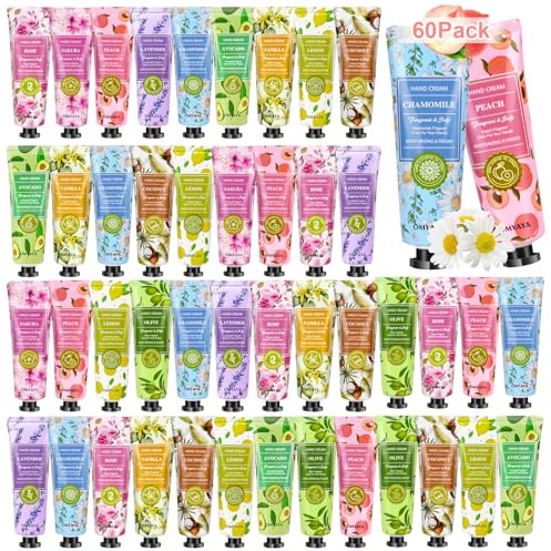 Creme Main, 60 Lot Creme pour Les Mains Coffret Cadeau de Crème Mains, Mini Lotion Crème Hydratante Parfumée pour Les Mains et Les Pieds, Petit cadeau pour une femme, une amie, pour Noël Anniversaire