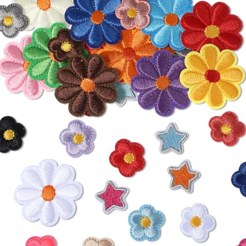 45 PCS Flower Star Iron On Patches, Cute Daisy Floral Embroidery Applique Star Patches Sew On Embroidered Sewing Repair Patch for DIY Hats Clothes Jeans Jackets Tote Bags Shoes Decoration (Multicolor)