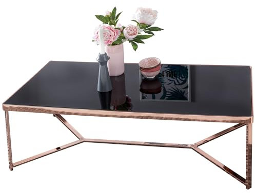 WOHNLING Design:ouchtisch Glasplatte schwarz/Gestell Kupfer 120 x 60 x 41 cm | Wohnzimmertisch verspiegelt Sofatisch modern | Glastisch Kaffeetisch eckig Loungetisch