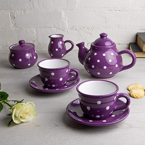 City to Cottage® - Keramik Tee Kaffee Set für 2 | Lila und Weiß | Polka Dots | Handgemacht | Keramik Teekanne Kaffeekanne 750 ml, Milchkännchen, Zuckerdose, 2 Tassen mit Untertassen