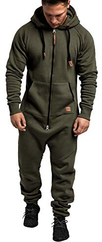 Amaci&Sons Herren Overall Jumpsuit Jogging Onesie Trainingsanzug 3007 Khaki/Schwarz L