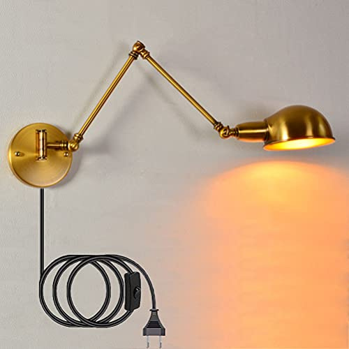 Retro Wandleuchte Verstellbar Langer Arm mit Schalter, Nachttisch-Wandlampe mit Kabel Stecker Wand-Leselampe Schwenkbar Metall Schirm, E27 Vintage Industrielampe für Wohnzimmer Schlafzimmer,30cm+30cm