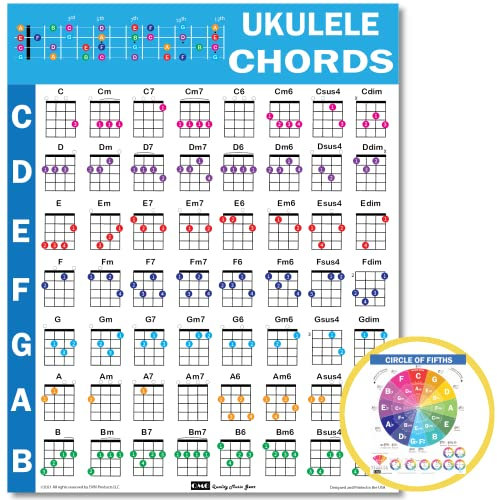 QMG Ukulele Akkorde Cheatsheet - Laminiertes A4 Musiktheoriediagramm mit Kreis der Fünftel für Anfänger