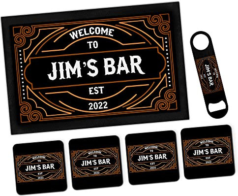 Personalised Bar Runner Mat Matching Set Bar Blade & 4 Coasters Custom Beer Gifts For Pubs Home Bar Novelty Accessories For Dad Father's Day Mens Man Cave Any Name