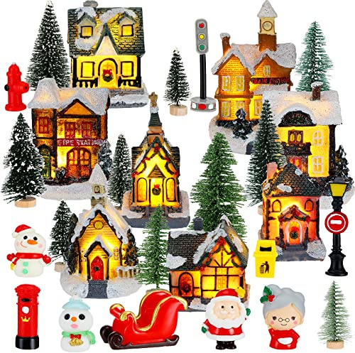 Woanger 29 Pieces Christmas Village Set LED Lighted Houses for Christmas Village Xmas Scene Figurines Decoration Crafted Poly Resin Collectables for Holiday Party Decor
