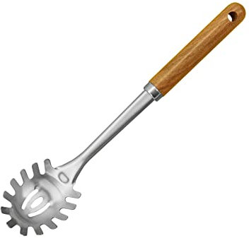 Fackelmann Cuillère à spaghetti, en acier inoxydable d'acacia FSC, cuillère à spaghetti, dimensions : 30 x 6 x 5,5 cm, couleur : marron et argent