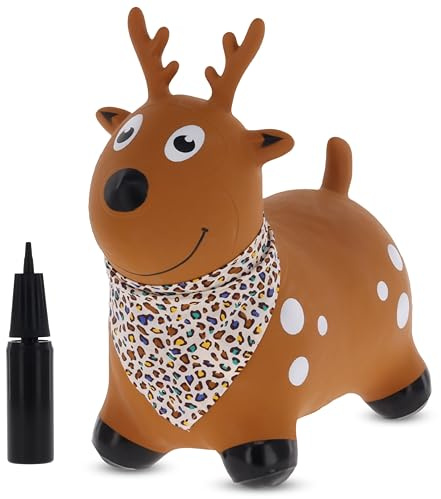 sun baby Hüpftiere ab 1 Jahr mit Pumpe aufblasbares Hüpfspielzeug aus Hochwertigem und Strapazierfähigem Gummi, Verschiedene Designs (Brauner Rentier mit Bandana)
