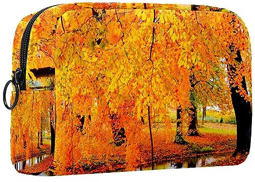 Kleine Schminktasche für Damen,Schminktasche, Reisekosmetiktasche,Goldener Herbstblattwald Drucken