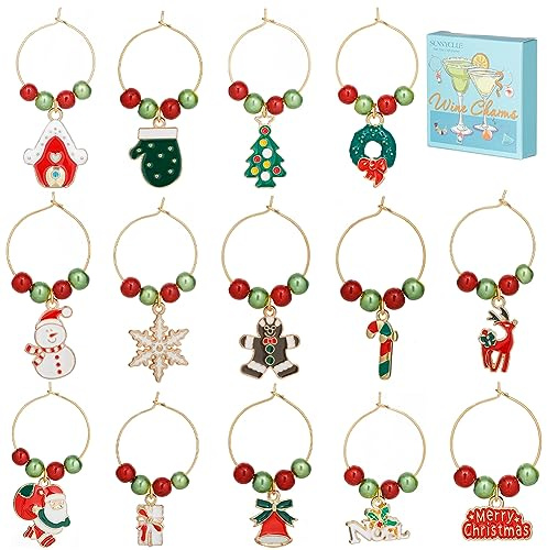 SUNNYCLUE 1 Box 14Sets Christmas Wine Glass Charms Red Green Beads Beading Hoops Xmas Enamel Charms Assorted Wine Glass Markers Charm Rings Identification for Wine Tasting Party Decoration Supplies UK